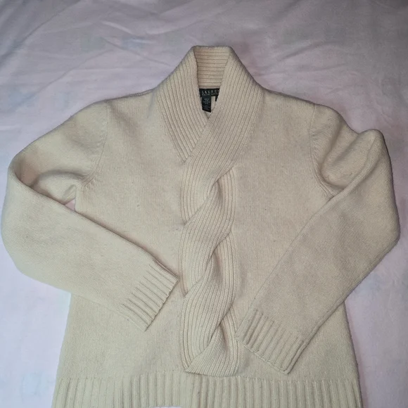Lauren Ralph Lauren Cream Cable-Front Shawl-Collar Turtleneck Sweater - Picture 3 of 8